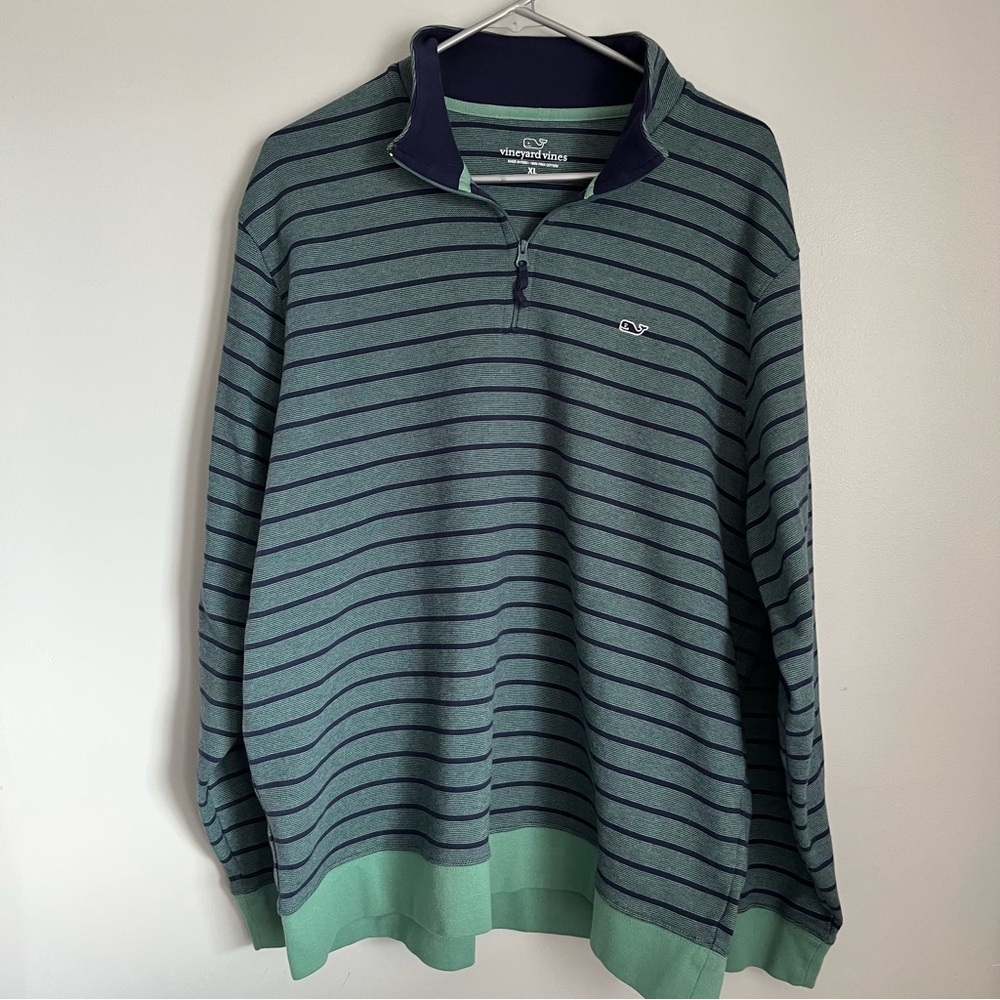 Vineyard Vines Green and Navy Striped Quarter-Zip Pullover